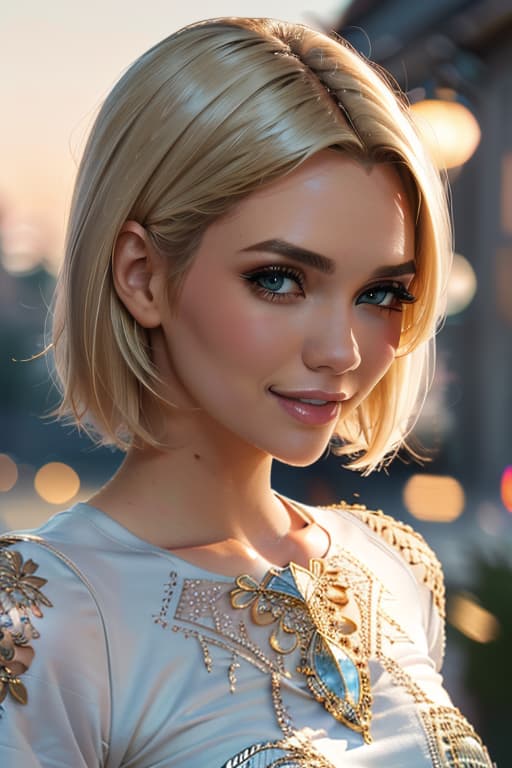  1girl,1girl,blonde short hair,straight hair,upper body shot,shirt,smile hyperrealistic, full body, detailed clothing, highly detailed, cinematic lighting, stunningly beautiful, intricate, sharp focus, f/1. 8, 85mm, (centered image composition), (professionally color graded), ((bright soft diffused light)), volumetric fog, trending on instagram, trending on tumblr, HDR 4K, 8K