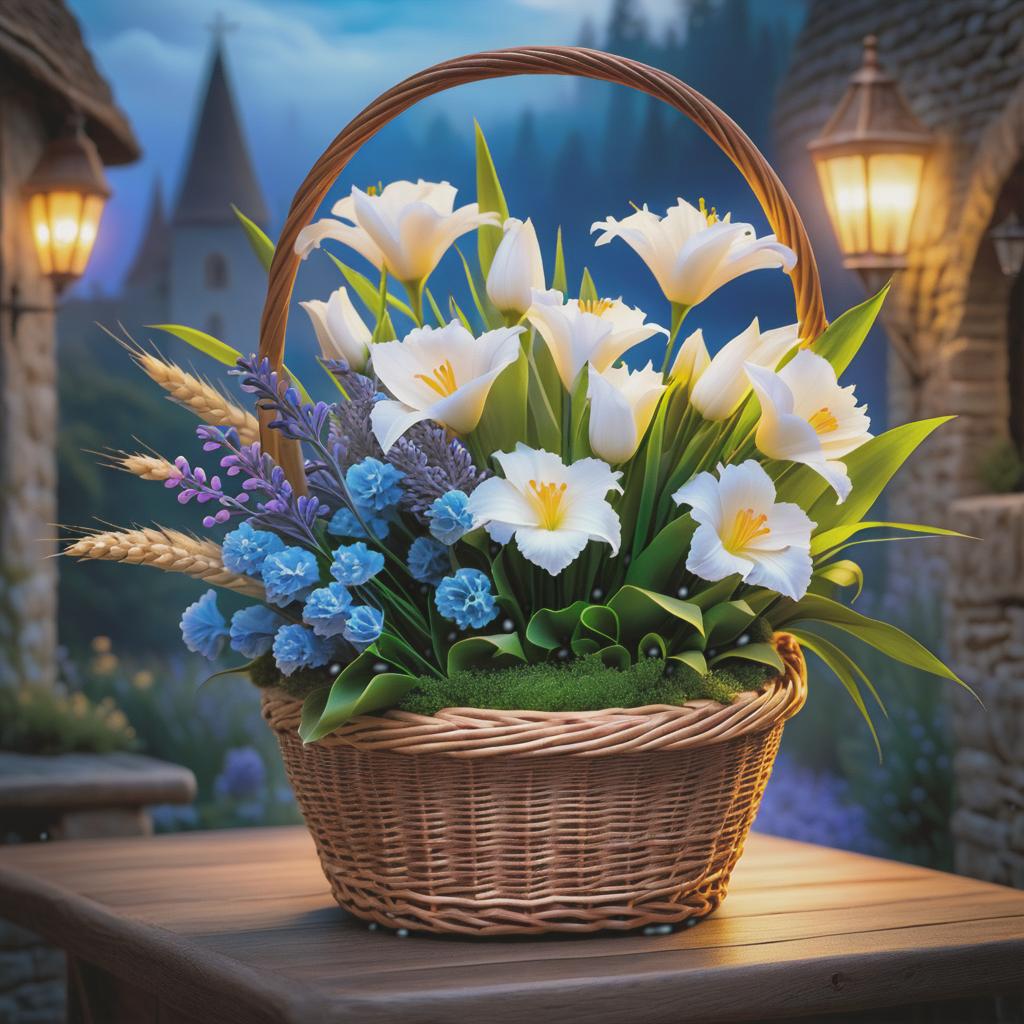  ethereal fantasy concept art of (Bouquet in a wicker basket). The handle of the basket is decorated with a white satin bow with brown polka dots. In the basket is a floral composition: of wheat ears, white and blue carnations, flowers, lavender and in the centre of the bouquet one white lily. (Background):night starry sky with flashes of fireworks. Style:fantasy, watercolour, landscape still life genre. . magnificent, celestial, ethereal, painterly, epic, majestic, magical, fantasy art, cover art, dreamy hyperrealistic, full body, detailed clothing, highly detailed, cinematic lighting, stunningly beautiful, intricate, sharp focus, f/1. 8, 85mm, (centered image composition), (professionally color graded), ((bright soft diffused light)), volumetric fog, trending on instagram, trending on tumblr, HDR 4K, 8K