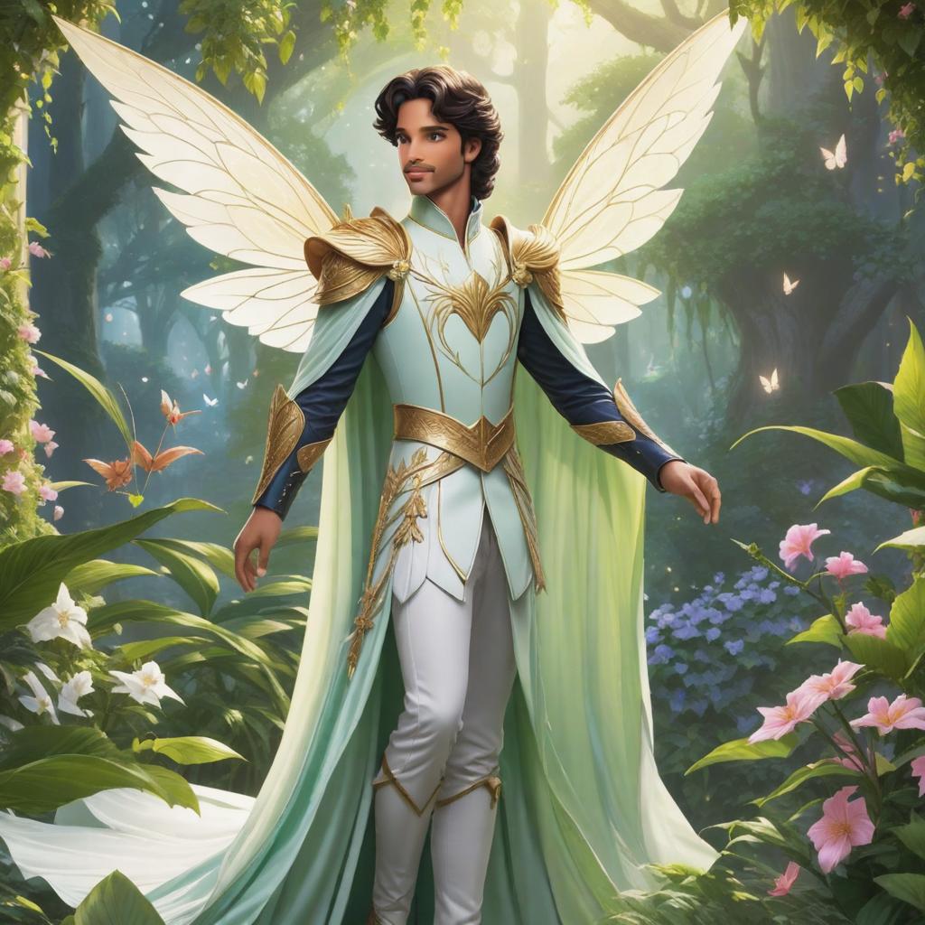  <PROMPT>
Improve the positioning of the prince's hand to make it look more natural. Additionally, add wings to the fairy character to enhance the fantasy element. Lastly, consider adding more intricate details to the plants or trees in the middle background to create more depth. hyperrealistic, full body, detailed clothing, highly detailed, cinematic lighting, stunningly beautiful, intricate, sharp focus, f/1. 8, 85mm, (centered image composition), (professionally color graded), ((bright soft diffused light)), volumetric fog, trending on instagram, trending on tumblr, HDR 4K, 8K
