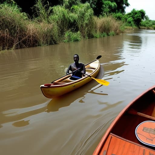  an African men paddling boat inside river