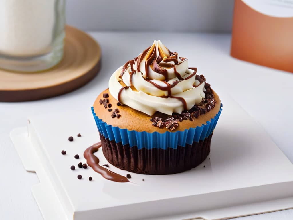  An ultradetailed closeup image of a delicate, intricately decorated cupcake topped with a perfect swirl of frosting and a sprinkle of fair trade cocoa powder. The cupcake sits on a modern, minimalist plate against a clean, white background, showcasing the precision and artistry that goes into creating beautiful pastries with fair trade ingredients. hyperrealistic, full body, detailed clothing, highly detailed, cinematic lighting, stunningly beautiful, intricate, sharp focus, f/1. 8, 85mm, (centered image composition), (professionally color graded), ((bright soft diffused light)), volumetric fog, trending on instagram, trending on tumblr, HDR 4K, 8K