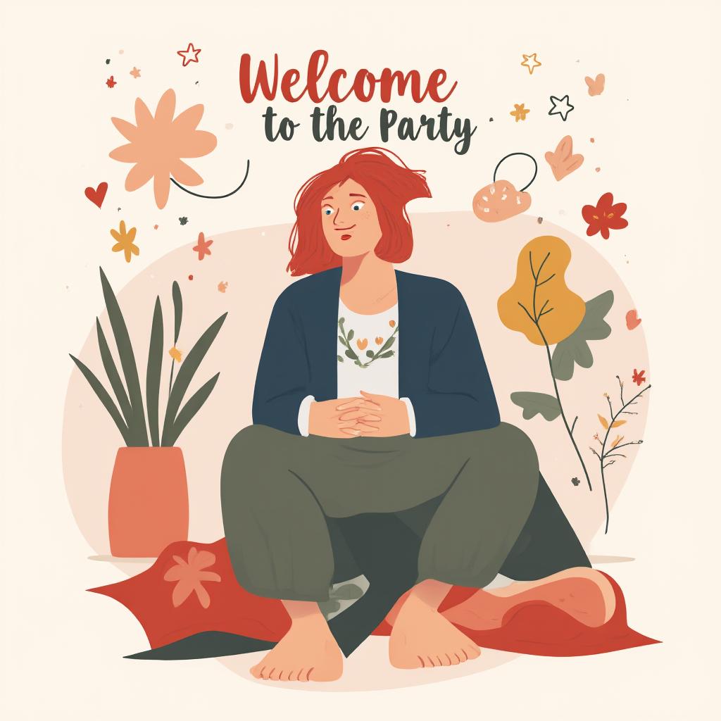  create an image of seated pose, slightly off center, with a focus on facial expression., flat vector design, write welcome to the party text.