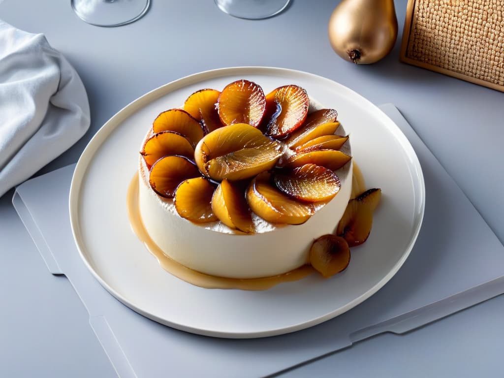  A minimalist and highly detailed image of a perfectly caramelized Tarta Tatin de pera, showcasing layers of goldenbrown pastry and glistening caramelized pear slices arranged in a circular pattern on a sleek, modern serving plate. hyperrealistic, full body, detailed clothing, highly detailed, cinematic lighting, stunningly beautiful, intricate, sharp focus, f/1. 8, 85mm, (centered image composition), (professionally color graded), ((bright soft diffused light)), volumetric fog, trending on instagram, trending on tumblr, HDR 4K, 8K