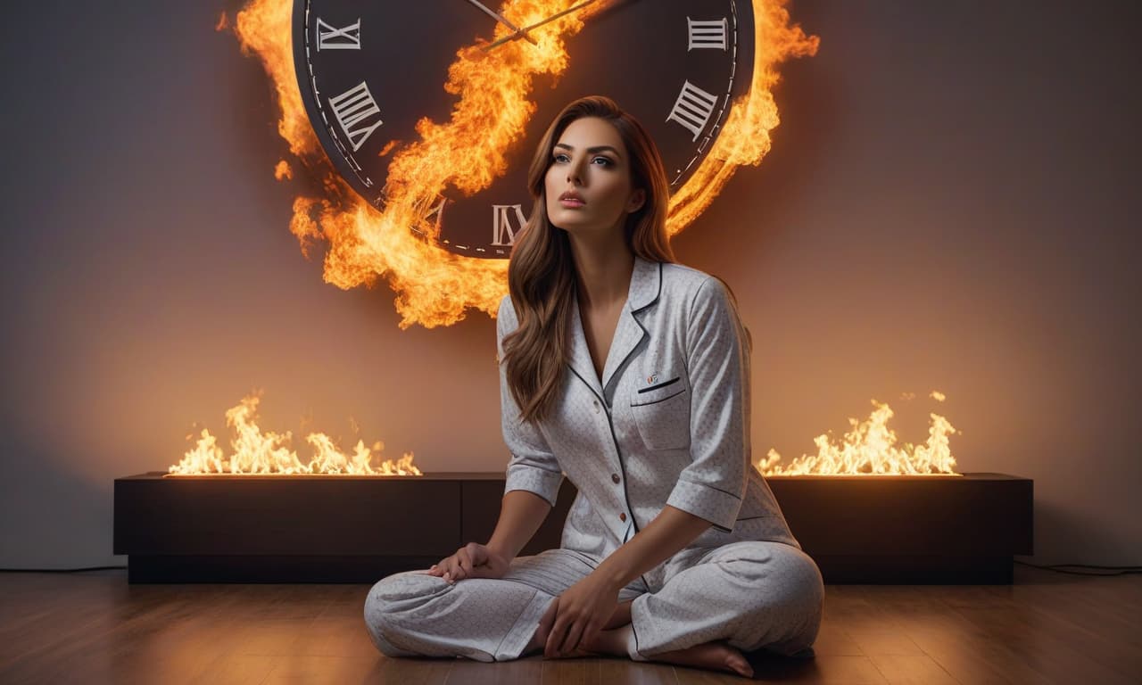  Gigantic clocks burn brightly on the wall by imposing fire on the clocks. A long haired girl sits on the floor under them in pajamas. hyperrealistic, full body, detailed clothing, highly detailed, cinematic lighting, stunningly beautiful, intricate, sharp focus, f/1. 8, 85mm, (centered image composition), (professionally color graded), ((bright soft diffused light)), volumetric fog, trending on instagram, trending on tumblr, HDR 4K, 8K