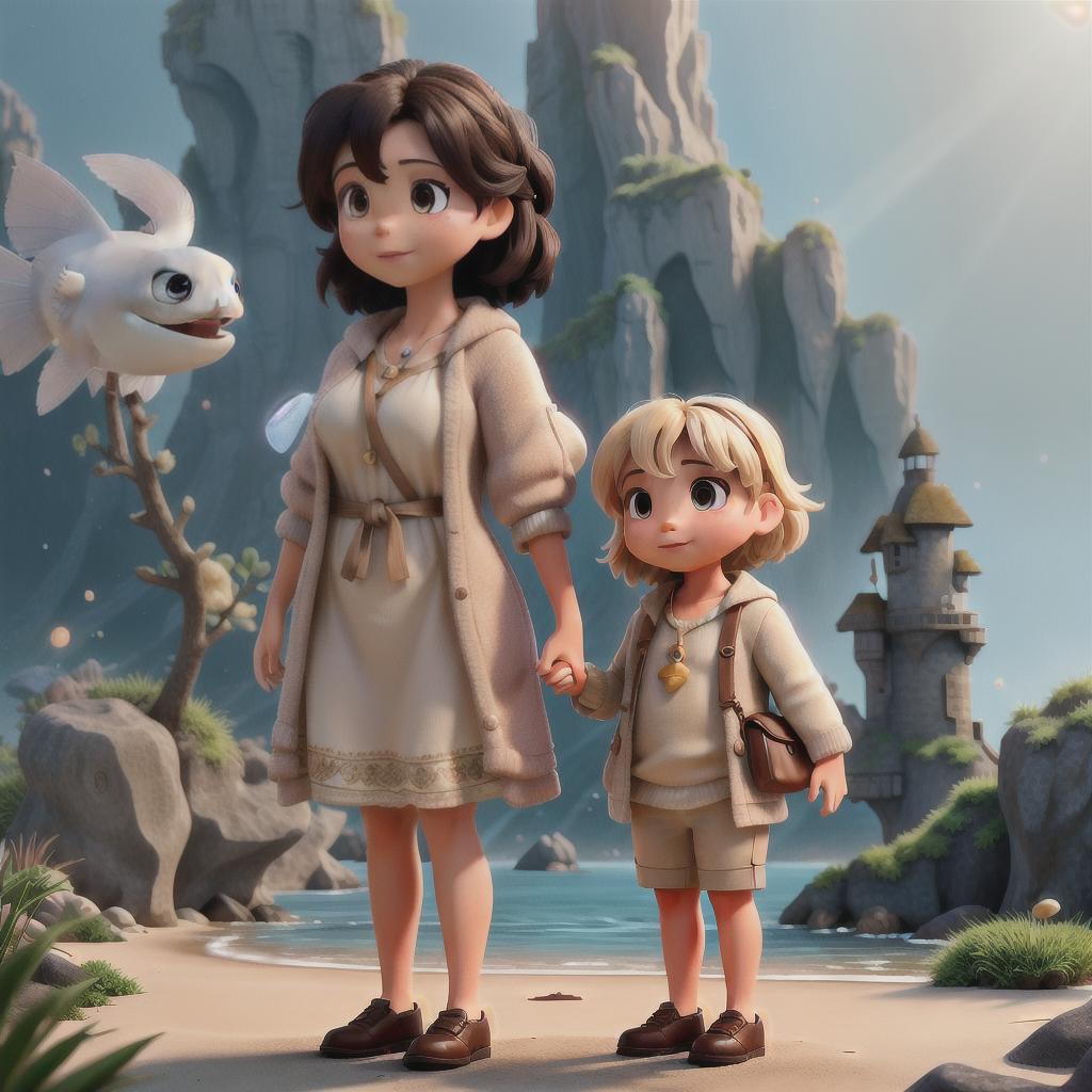  "A young child and their mother arriving at an island filled with a variety of exotic animals, standing on the shore as a mystical ocean adventure begins. The child's expression is filled with awe and wonder." hyperrealistic, full body, detailed clothing, highly detailed, cinematic lighting, stunningly beautiful, intricate, sharp focus, f/1. 8, 85mm, (centered image composition), (professionally color graded), ((bright soft diffused light)), volumetric fog, trending on instagram, trending on tumblr, HDR 4K, 8K