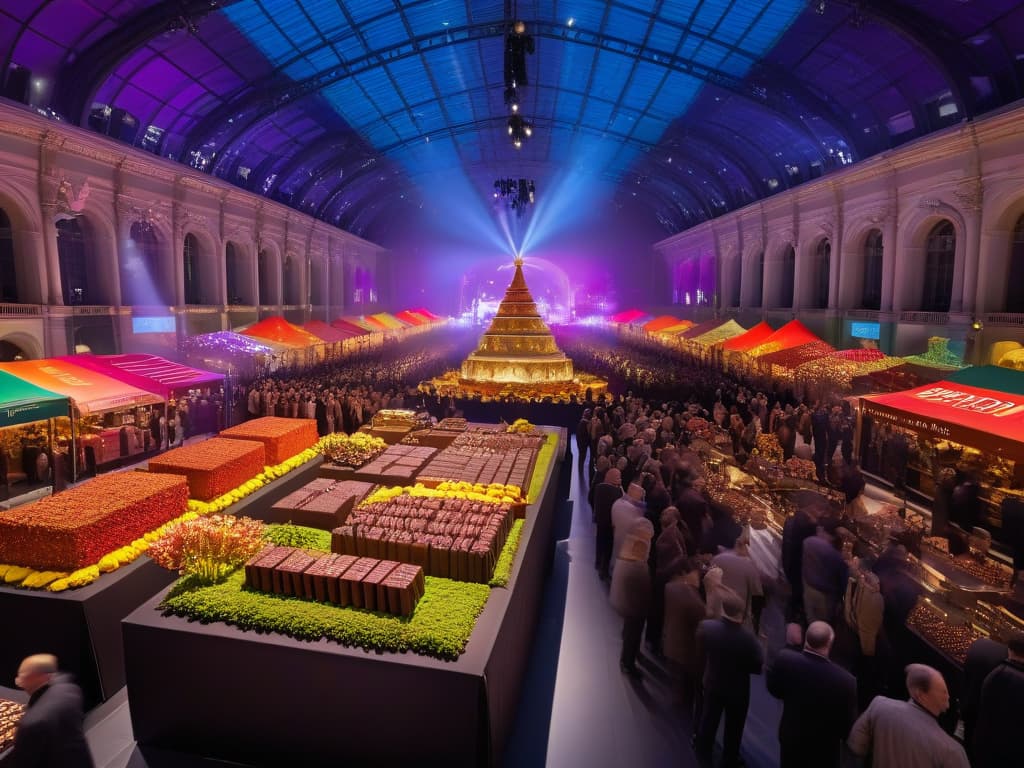  An ultradetailed image of a bustling chocolate festival scene, with rows of intricately designed chocolate sculptures glistening under soft ambient lighting. Visitors, with expressions of wonder and delight, are seen sampling various chocolate treats while expert chocolatiers demonstrate their craft with precision and flair. The backdrop showcases a vibrant array of colorful banners and flags fluttering in the gentle breeze, adding a sense of festivity and excitement to the atmosphere. The overall composition exudes an air of sophistication and indulgence, perfectly capturing the essence of a highend chocolate festival experience. hyperrealistic, full body, detailed clothing, highly detailed, cinematic lighting, stunningly beautiful, intricate, sharp focus, f/1. 8, 85mm, (centered image composition), (professionally color graded), ((bright soft diffused light)), volumetric fog, trending on instagram, trending on tumblr, HDR 4K, 8K