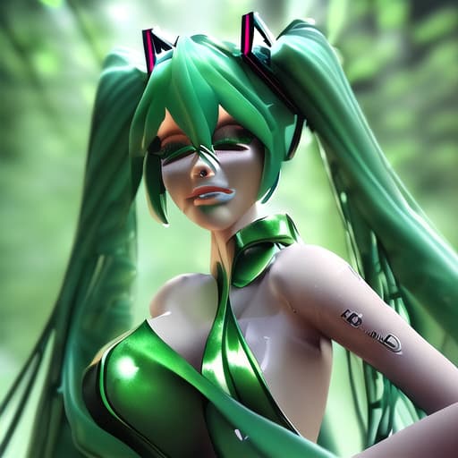  with a long twin ponytial hairstyle. this mysterious Miku Hatsune design blends modern materials. green dress with metallic. the lush forests. led light. 3D. over-detailed face and nose and lips