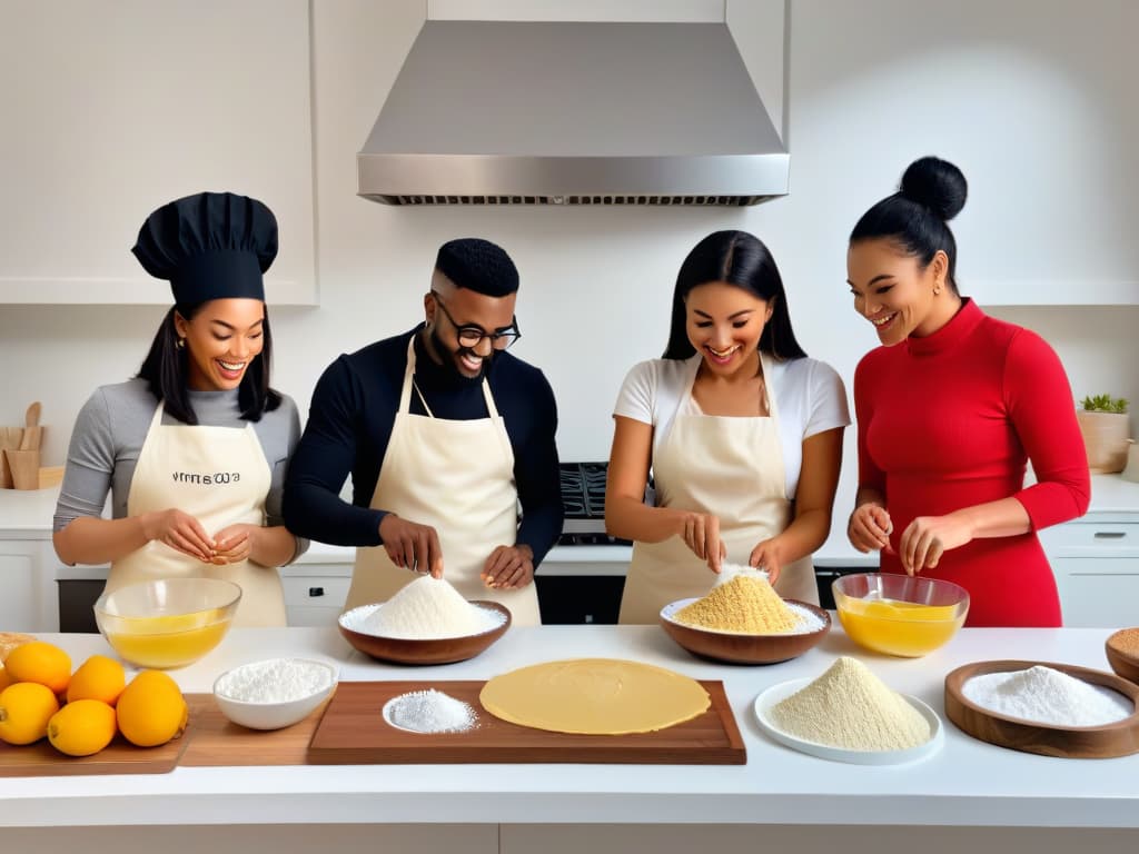  A photorealistic image of a diverse group of people joyfully baking in a modern, spacious kitchen filled with an array of glutenfree baking ingredients like almond flour, coconut flour, and tapioca starch. Each person is actively engaged in different stages of the baking process, from mixing batter to decorating finished treats, showcasing the inclusivity and creativity of glutenfree baking. The warm, natural lighting highlights the textures and colors of the ingredients, creating a visually appealing and inviting scene that conveys a sense of community, skill, and enjoyment in glutenfree baking. hyperrealistic, full body, detailed clothing, highly detailed, cinematic lighting, stunningly beautiful, intricate, sharp focus, f/1. 8, 85mm, (centered image composition), (professionally color graded), ((bright soft diffused light)), volumetric fog, trending on instagram, trending on tumblr, HDR 4K, 8K