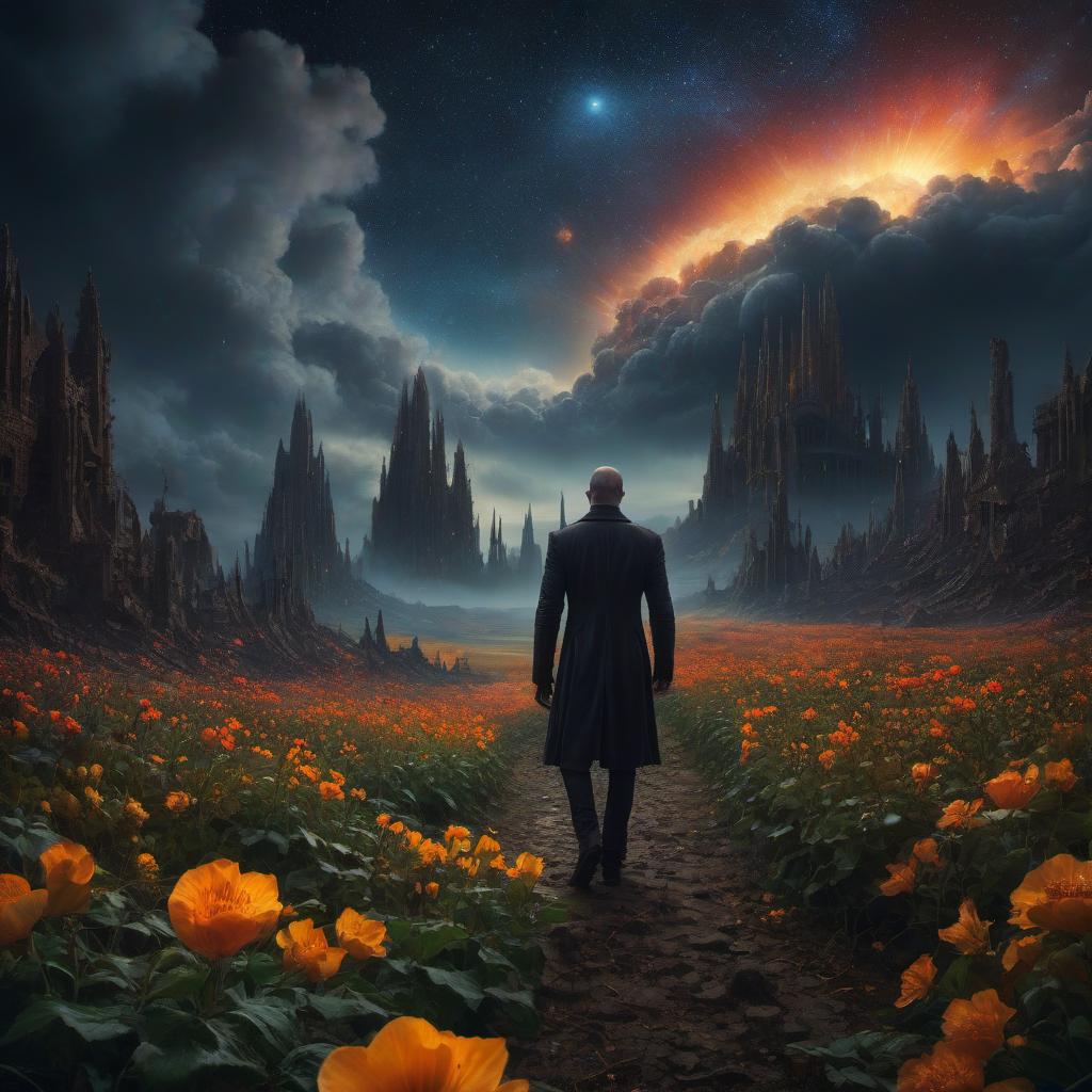  (stylized by Tomasz Alen Kopera:1.3) , dark art, dense flower field and Perseid meteor in background, landscape of a (Barcelona:1.2) , very Bizarre and 1600'S, Hurricane, Glitchcore, Amaro, layered textures, ornate, intricate artistic color, complimentary colors, very inspirational, atmosphere, fine artistic composition, sunny, theatrical hyperrealistic, full body, detailed clothing, highly detailed, cinematic lighting, stunningly beautiful, intricate, sharp focus, f/1. 8, 85mm, (centered image composition), (professionally color graded), ((bright soft diffused light)), volumetric fog, trending on instagram, trending on tumblr, HDR 4K, 8K