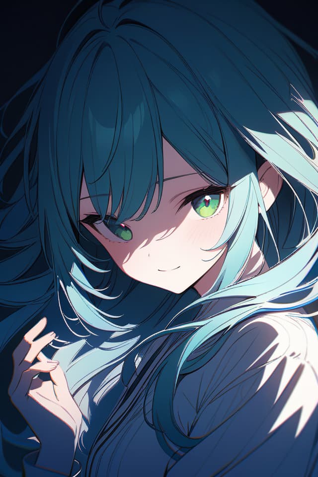  a beautiful blue haired girl,long messy hair,ultra detailed,best shadow,beautiful detailed deep green eyes,cute and beautiful face,shy smile,white shirt,upper body view,colorful,(masterpiece:1.2),(best quality:1.2),detailed background,high contrast,(best illumination,an extremely delicate and beautiful),((cinematic light)),hyper detail,dramatic light,intricate details,8k,anime,very aesthetic,, masterpiece, best quality,8k,ultra detailed,high resolution,an extremely delicate and beautiful,hyper detail