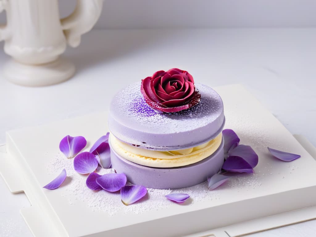  An 8k ultradetailed image of a delicate lavender macaron topped with edible rose petals, set against a clean, white marble background. The macaron is perfectly textured, showcasing the intricate layers and colors of the dessert. The rose petals are vibrant and add a touch of elegance to the composition. hyperrealistic, full body, detailed clothing, highly detailed, cinematic lighting, stunningly beautiful, intricate, sharp focus, f/1. 8, 85mm, (centered image composition), (professionally color graded), ((bright soft diffused light)), volumetric fog, trending on instagram, trending on tumblr, HDR 4K, 8K