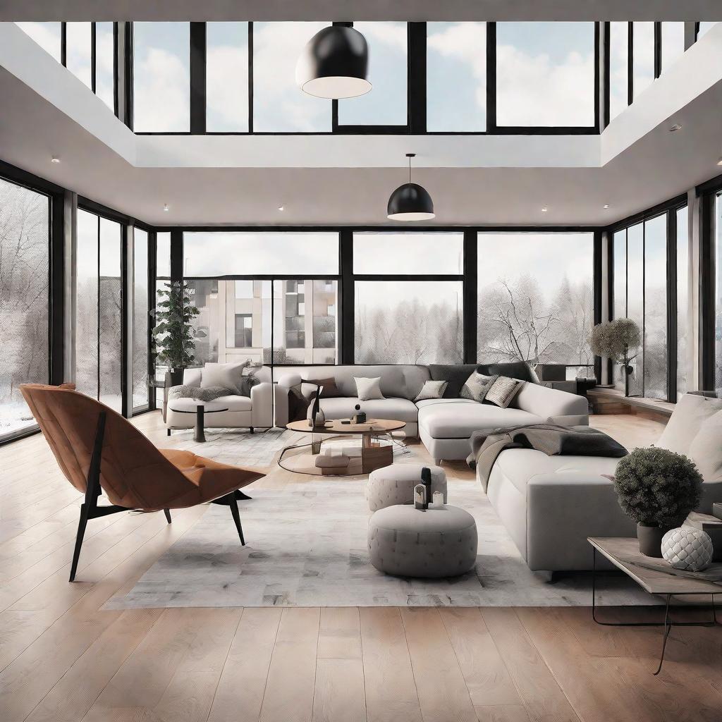  masterpiece, best quality, Best Quality, Masterpiece, 8k resolution,high resolution concept art of an apartment living room with floor to ceiling windows and modern furniture