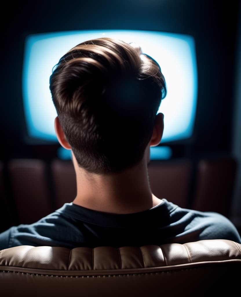  cinematic film still A maniac man in a dark room on a chair watching TV on which interference. View from the back of the head. For a horror movie. . shallow depth of field, vignette, highly detailed, high budget, bokeh, cinemascope, moody, epic, gorgeous, film grain, grainy