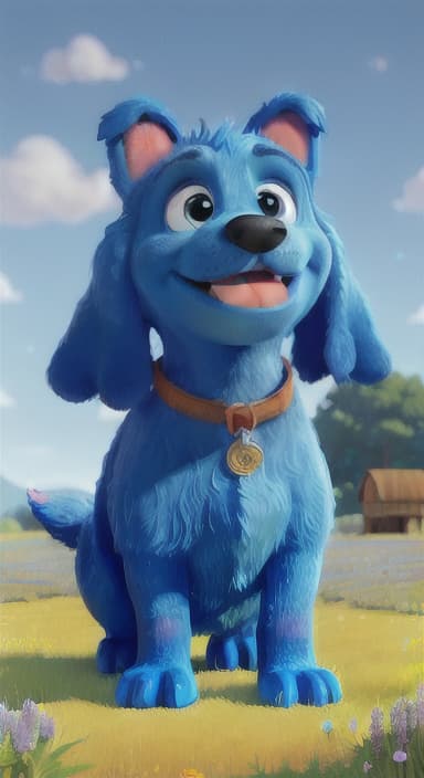  {A happy, big blue dog wagging its tail in a colorful meadow, The big blue dog is large with sky blue fur, big round eyes, a black nose, and floppy ears.