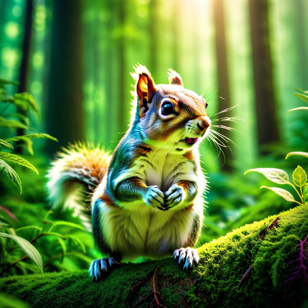  ethereal fantasy concept art of In a lush green forest lived a nimble squirrel named Belle. . magnificent, celestial, ethereal, painterly, epic, majestic, magical, fantasy art, cover art, dreamy hyperrealistic, full body, detailed clothing, highly detailed, cinematic lighting, stunningly beautiful, intricate, sharp focus, f/1. 8, 85mm, (centered image composition), (professionally color graded), ((bright soft diffused light)), volumetric fog, trending on instagram, trending on tumblr, HDR 4K, 8K