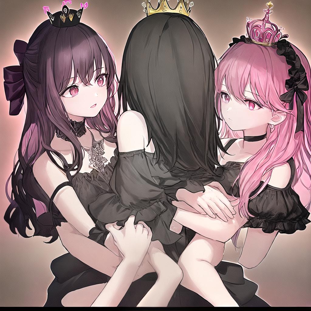  There are 4 people, a mother wearing a black dress holding a girl on the left wearing a pink shirt. The father wears a black suit and wears a crown on his head, holding a girl on the right side with a bow on her head.