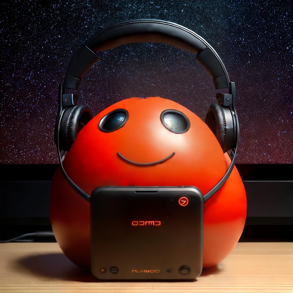  A tomato with a face and body wearing headphones who plays computer games on a computer sitting at a desk ,highly detailed, cinematic lighting, stunningly beautiful, intricate, sharp focus, f1. 8, 85mm, (centered image composition), (professionally color graded), ((bright soft diffused light)), volumetric fog, trending on instagram, trending on tumblr, HDR 4K, 8K