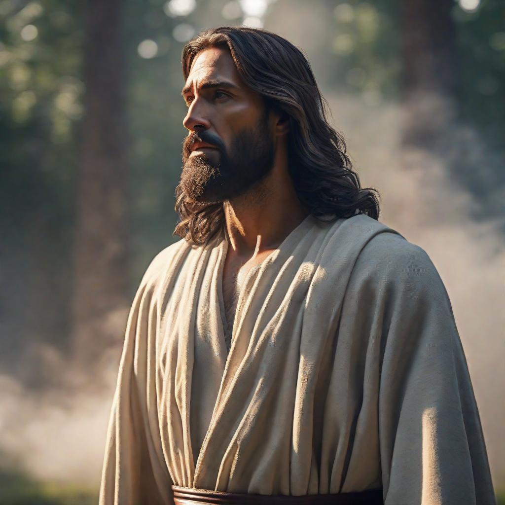  Jesus hyperrealistic, full body, detailed clothing, highly detailed, cinematic lighting, stunningly beautiful, intricate, sharp focus, f/1. 8, 85mm, (centered image composition), (professionally color graded), ((bright soft diffused light)), volumetric fog, trending on instagram, trending on tumblr, HDR 4K, 8K