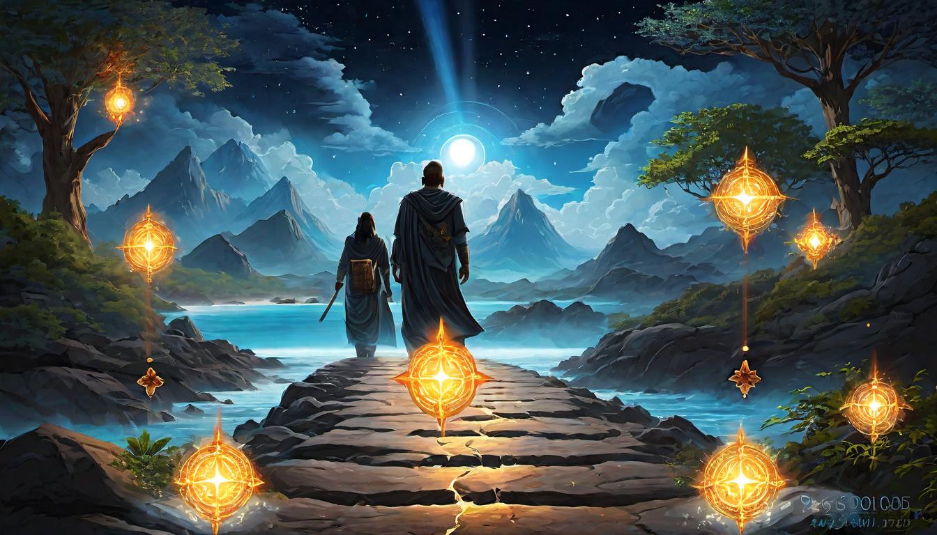  digital painting of A path of light transitioning from a dark, chaotic realm to a bright, serene paradise, guiding figures (male and female) along with divine symbols illuminating the way, journey, transformation, divine guidance looking at viewer, dynamic pose, (intricate details, masterpiece, best quality)