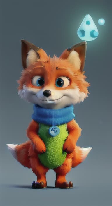  {Error the fox pressing the blue button with his paw, looking puzzled as nothing occurs., Error is a small, bright orange fox with a fluffy tail and big, inquisitive eyes. He has a mischievous yet kind expression and wears a tiny green scarf.