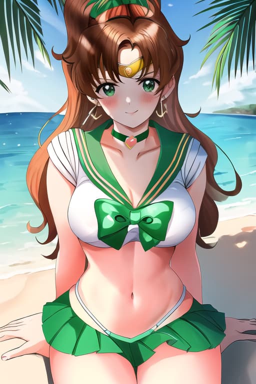  bikini and sit on her bad,(sailor jupiter:1.3), (masterpiece), (highest quality), (intricate), (high detail)