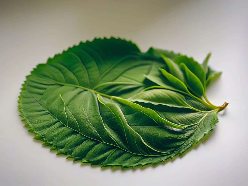  An ultradetailed closeup image of a delicate green tea leaf unfurling in hot water, showcasing the intricate veins and vibrant color of the leaf as it begins to release its flavor and antioxidants into the water. hyperrealistic, full body, detailed clothing, highly detailed, cinematic lighting, stunningly beautiful, intricate, sharp focus, f/1. 8, 85mm, (centered image composition), (professionally color graded), ((bright soft diffused light)), volumetric fog, trending on instagram, trending on tumblr, HDR 4K, 8K