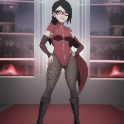  Sarada Uchiha, hands on hips, fishnet body suit, big hips, wide legs, small breast, smiling hyperrealistic, full body, detailed clothing, highly detailed, cinematic lighting, stunningly beautiful, intricate, sharp focus, f/1. 8, 85mm, (centered image composition), (professionally color graded), ((bright soft diffused light)), volumetric fog, trending on instagram, trending on tumblr, HDR 4K, 8K