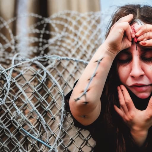  Jew Girl crying hand stuck in barbed wire bleeding