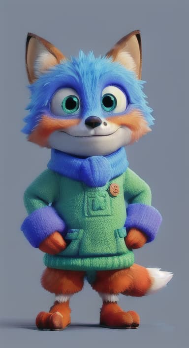  {Error the fox pressing the blue button with his paw, looking puzzled as nothing occurs., Error is a small, bright orange fox with a fluffy tail and big, inquisitive eyes. He has a mischievous yet kind expression and wears a tiny green scarf.