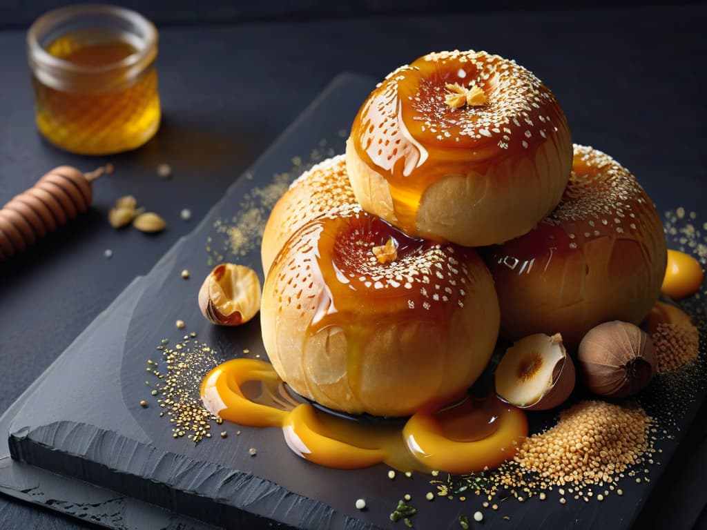  An ultradetailed closeup image of golden, crispy Luqaimat balls glistening with a light drizzle of sticky honey, topped with a sprinkle of sesame seeds, set against a sleek, black slate background. Each individual dough ball is perfectly round and captures the intricate texture of its crispy exterior, inviting the viewer to imagine the contrasting textures of crunchy exterior and soft, fluffy interior. The honey on the spheres reflects the light delicately, emphasizing the richness and sweetness of this Middle Eastern and African treat. hyperrealistic, full body, detailed clothing, highly detailed, cinematic lighting, stunningly beautiful, intricate, sharp focus, f/1. 8, 85mm, (centered image composition), (professionally color graded), ((bright soft diffused light)), volumetric fog, trending on instagram, trending on tumblr, HDR 4K, 8K