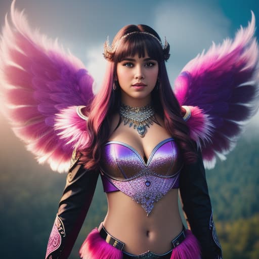  peacock feathers in the girls hair, angel wings, pink. full nody shot halo, and clouds, hyperrealistic, high quality, highly detailed, cinematic lighting, intricate, sharp focus, f/1. 8, 85mm, (centered image composition), (professionally color graded), ((bright soft diffused light)), volumetric fog, trending on instagram, HDR 4K, 8K