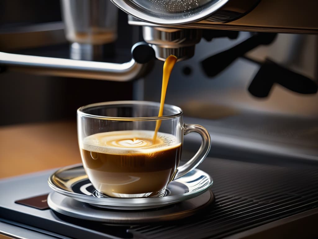  A closeup, ultradetailed image of a sleek, modern espresso machine pouring rich, golden espresso into a transparent glass cup, capturing the intricate swirls and layers of crema on top of the coffee, set against a soft, blurred background that highlights the simplicity and elegance of the machine. hyperrealistic, full body, detailed clothing, highly detailed, cinematic lighting, stunningly beautiful, intricate, sharp focus, f/1. 8, 85mm, (centered image composition), (professionally color graded), ((bright soft diffused light)), volumetric fog, trending on instagram, trending on tumblr, HDR 4K, 8K