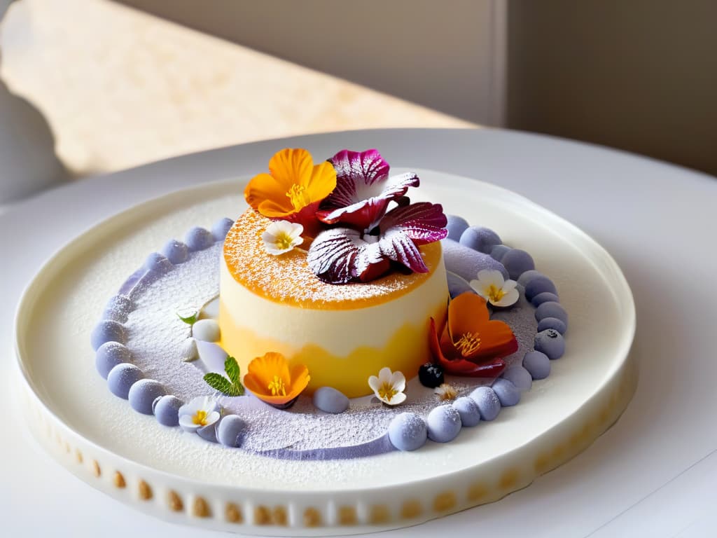  An intricate, highresolution image showcasing a closeup of a delicate molecular gastronomy dessert, featuring a spherical cake with intricate layers of flavored gelatin, topped with edible flowers and a dusting of powdered sugar. The dessert is elegantly presented on a sleek, minimalist plate, emphasizing the modern and innovative approach to pastry in molecular gastronomy. The vibrant colors and intricate details highlight the precision and artistry involved in creating such a visually stunning and delicious dessert. hyperrealistic, full body, detailed clothing, highly detailed, cinematic lighting, stunningly beautiful, intricate, sharp focus, f/1. 8, 85mm, (centered image composition), (professionally color graded), ((bright soft diffused light)), volumetric fog, trending on instagram, trending on tumblr, HDR 4K, 8K