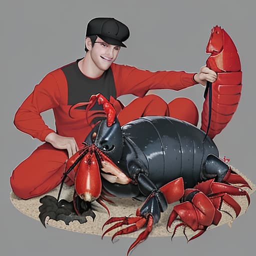  a big, evil lobster, with a pet chicken