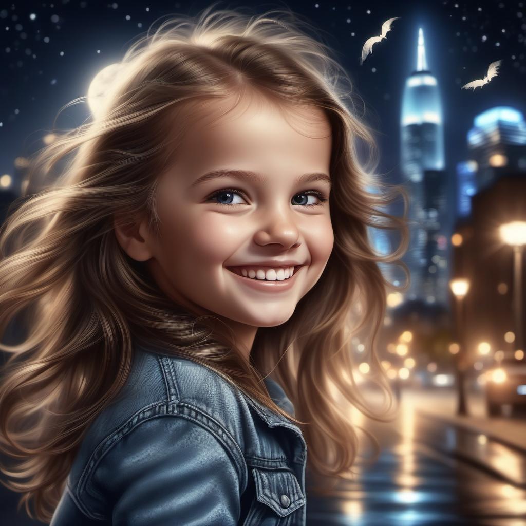  hyperrealistic art portrait of a cute smiling girl against the background of a night city , wind, superrealism . extremely high-resolution details, photographic, realism pushed to extreme, fine texture, incredibly lifelike