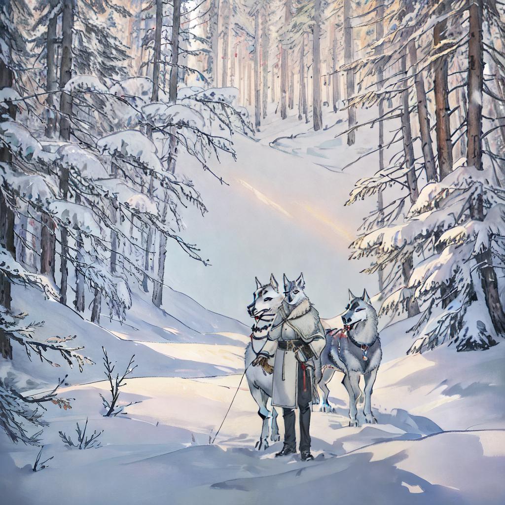  A realistic Husky dog, with a majestic and loyal expression, ((masterpiece)), (((best quality))), 8k, high detailed, ultra-detailed, standing in a snowy landscape, surrounded by tall pine trees, under the moonlight hyperrealistic, full body, detailed clothing, highly detailed, cinematic lighting, stunningly beautiful, intricate, sharp focus, f/1. 8, 85mm, (centered image composition), (professionally color graded), ((bright soft diffused light)), volumetric fog, trending on instagram, trending on tumblr, HDR 4K, 8K