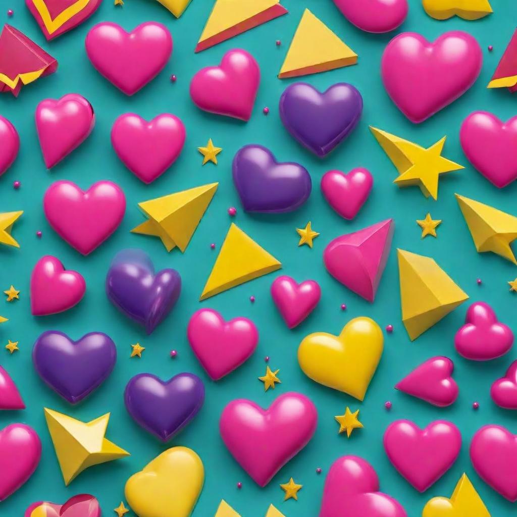  A vint pop art style pattern designed for age s, rendered in 3D to give the impression that it is popping right out of the screen. Bold, bright colors such as pink, teal, yellow, and purple should dominate the pattern. Include fun and trendy elements like hearts, stars, lips, lightning bolts, and cute emojis, all appearing to leap off the surface. The overall vibe should be energetic and , appealing to young, trendy customers. hyperrealistic, full body, detailed clothing, highly detailed, cinematic lighting, stunningly beautiful, intricate, sharp focus, f/1. 8, 85mm, (centered image composition), (professionally color graded), ((bright soft diffused light)), volumetric fog, trending on instagram, trending on tumblr, HDR 4K, 8K