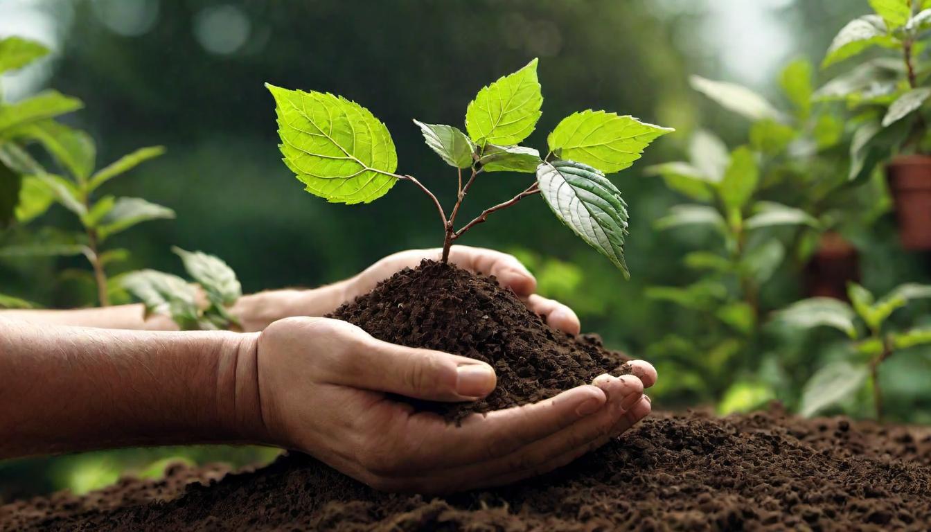  digital illustration, a person planting a small tree, close up on hands and sapling, rich soil, nurturing action, Earthy tones, grounded, sustainability, looking at viewer, dynamic pose, (intricate details, masterpiece, best quality)