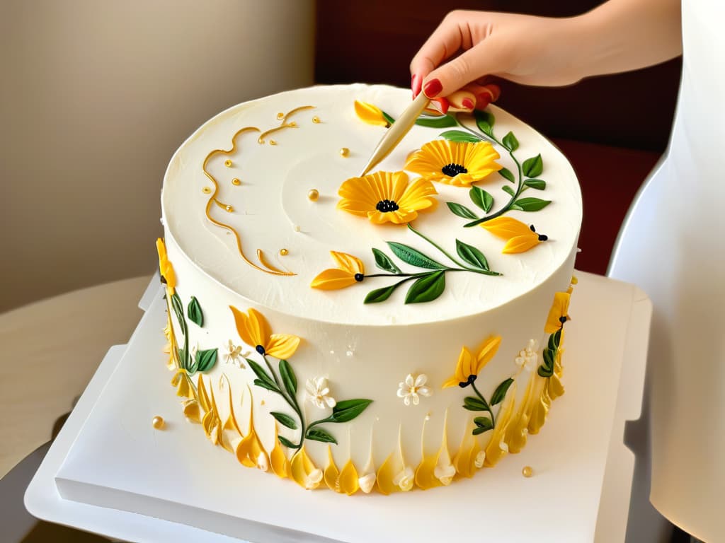  An ultradetailed closeup image of a hand delicately painting intricate floral designs on a pristine white fondant cake using edible gold paint. The image captures every tiny brushstroke, showcasing the precision and skill required in edible painting. The colors are vibrant, the details are sharp, and the overall composition is elegant and visually captivating. hyperrealistic, full body, detailed clothing, highly detailed, cinematic lighting, stunningly beautiful, intricate, sharp focus, f/1. 8, 85mm, (centered image composition), (professionally color graded), ((bright soft diffused light)), volumetric fog, trending on instagram, trending on tumblr, HDR 4K, 8K