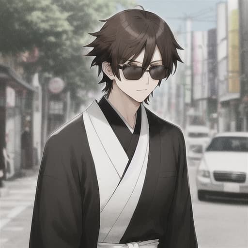  man, black-white Japanese outfit, brown hair tousled and pulled out in front, black square sunglasses, beads on his neck