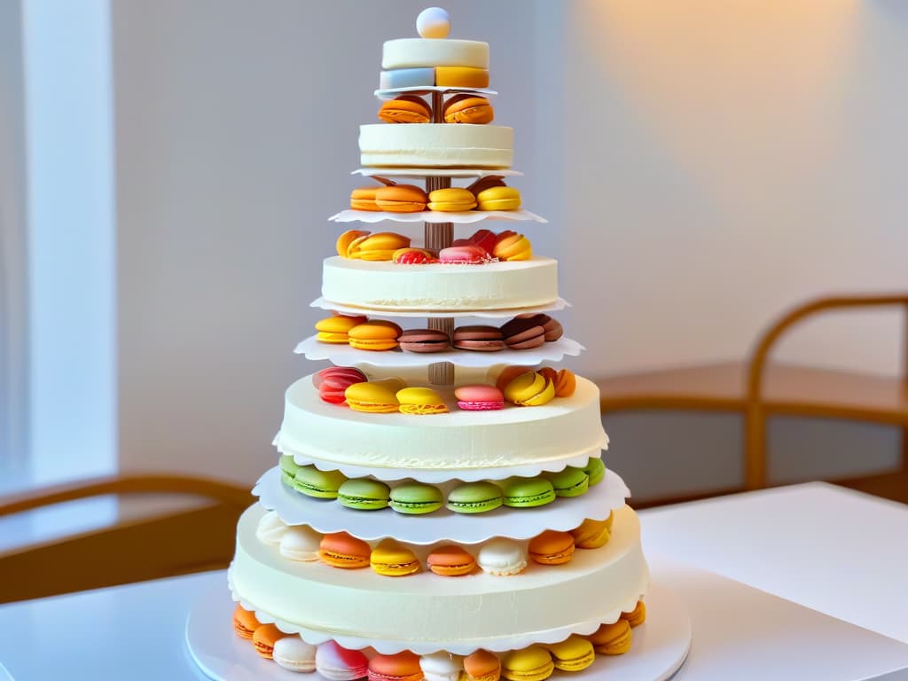  A minimalist, ultradetailed 8k image of a colorful macaron tower, showcasing intricate layers of pastelcolored macarons stacked elegantly on top of each other, set against a clean, white background to emphasize the precision and artistry of pastrymaking in unique baking competitions around the world. hyperrealistic, full body, detailed clothing, highly detailed, cinematic lighting, stunningly beautiful, intricate, sharp focus, f/1. 8, 85mm, (centered image composition), (professionally color graded), ((bright soft diffused light)), volumetric fog, trending on instagram, trending on tumblr, HDR 4K, 8K