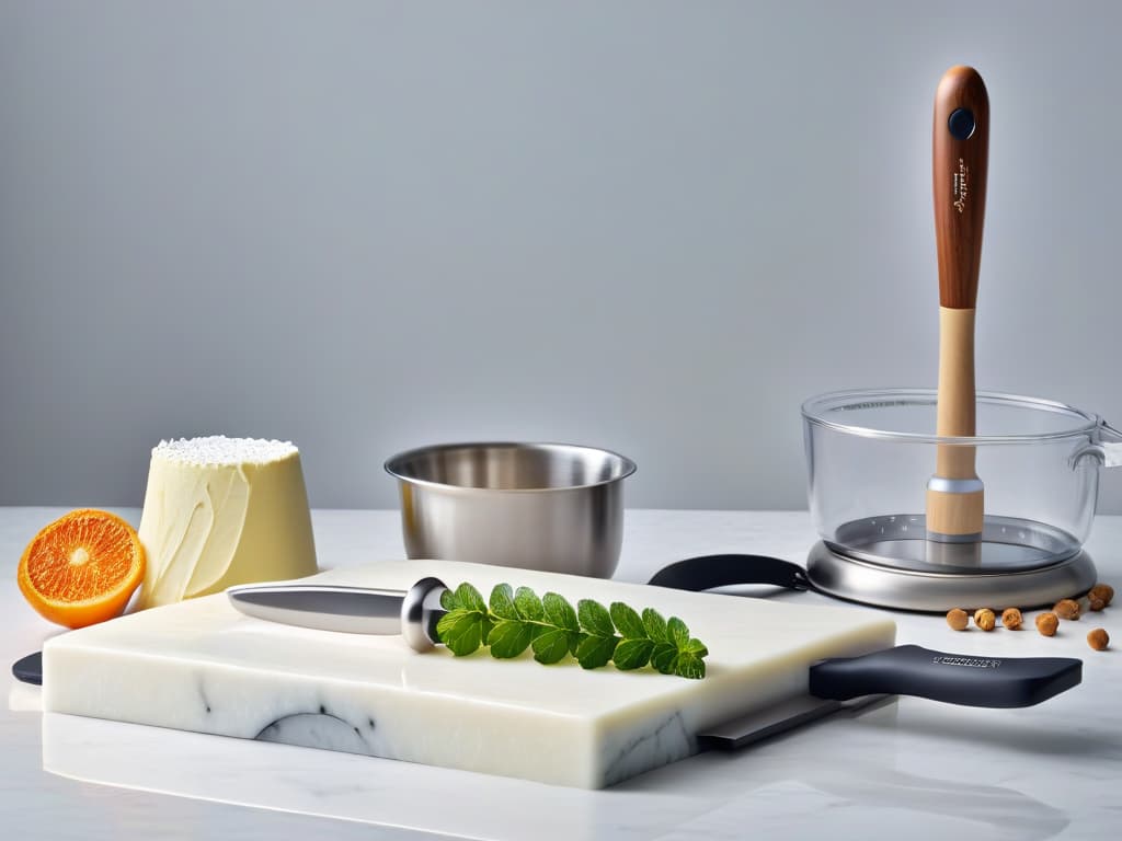  An ultradetailed, minimalist image of a pristine, white marble countertop adorned with an array of sleek, modern stainless steel baking tools specifically designed for vegan pastrymaking. The tools gleam under a soft, natural light, casting subtle shadows that accentuate their elegant and ergonomic designs. The composition is meticulously arranged, showcasing items such as a precise digital kitchen scale, a sleek silicone spatula, a professionalgrade piping bag with interchangeable tips, and a set of highquality stainless steel measuring cups and spoons. The image conveys a sense of precision, sophistication, and expertise in vegan baking, appealing to the target audience's desire for topoftheline equipment in their specialty culinary pursu hyperrealistic, full body, detailed clothing, highly detailed, cinematic lighting, stunningly beautiful, intricate, sharp focus, f/1. 8, 85mm, (centered image composition), (professionally color graded), ((bright soft diffused light)), volumetric fog, trending on instagram, trending on tumblr, HDR 4K, 8K