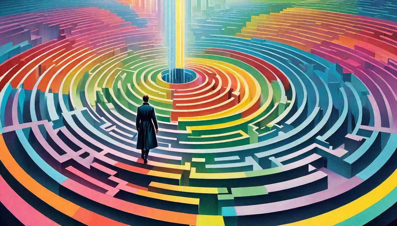  retro futuristic A person walking a labyrinth painted like a rainbow, each color representing a different emotion. Complex journey, emotional spectrum, self discovery. lvintage sci fi, 50s and 60s style, atomic age, vibrant, highly detailed