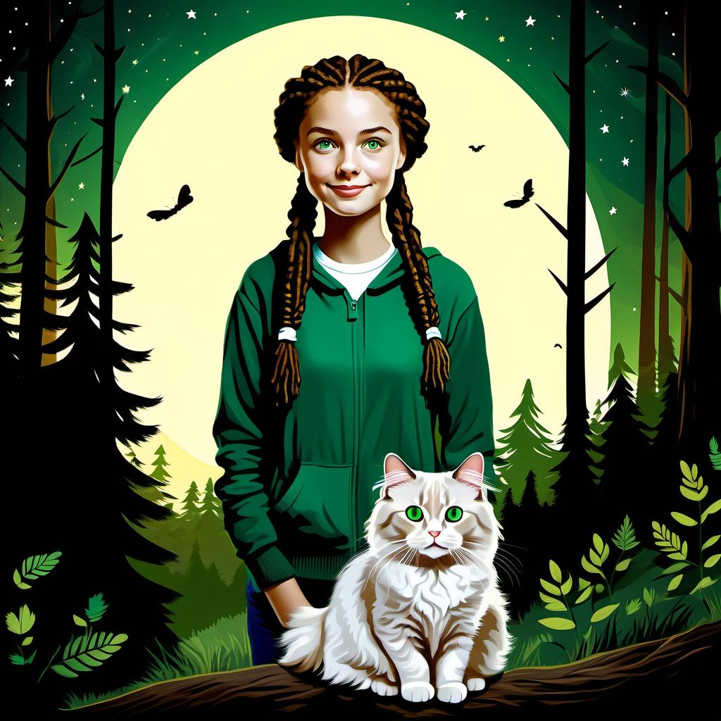 The girl is 26 years old, a woman with short stature, Dreadlocks, attractive, with green eyes that are typical of the bogey, no piercings or tattoos, has a cream-colored cat named Ragdoll, it's a forest at night.