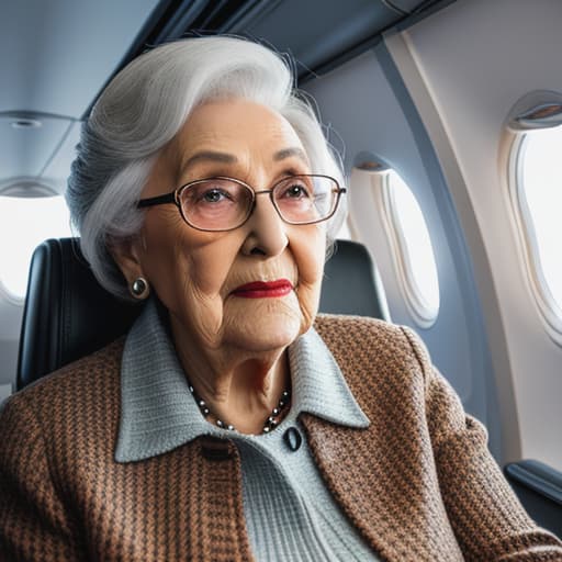  An elderly lady who is having an anxiety attack on an airplane hyperrealistic, full body, detailed clothing, highly detailed, cinematic lighting, stunningly beautiful, intricate, sharp focus, f/1. 8, 85mm, (centered image composition), (professionally color graded), ((bright soft diffused light)), volumetric fog, trending on instagram, trending on tumblr, HDR 4K, 8K