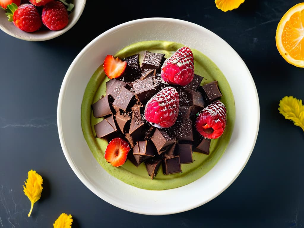  A closeup, ultradetailed image of a decadent chocolate avocado mousse topped with fresh raspberries and a sprinkle of chia seeds, beautifully presented in a sleek, white ceramic bowl on a marble countertop. The rich, creamy texture of the mousse contrasts with the vibrant colors of the berries, creating a visually striking and appetizing composition that exudes elegance and healthconscious indulgence. hyperrealistic, full body, detailed clothing, highly detailed, cinematic lighting, stunningly beautiful, intricate, sharp focus, f/1. 8, 85mm, (centered image composition), (professionally color graded), ((bright soft diffused light)), volumetric fog, trending on instagram, trending on tumblr, HDR 4K, 8K