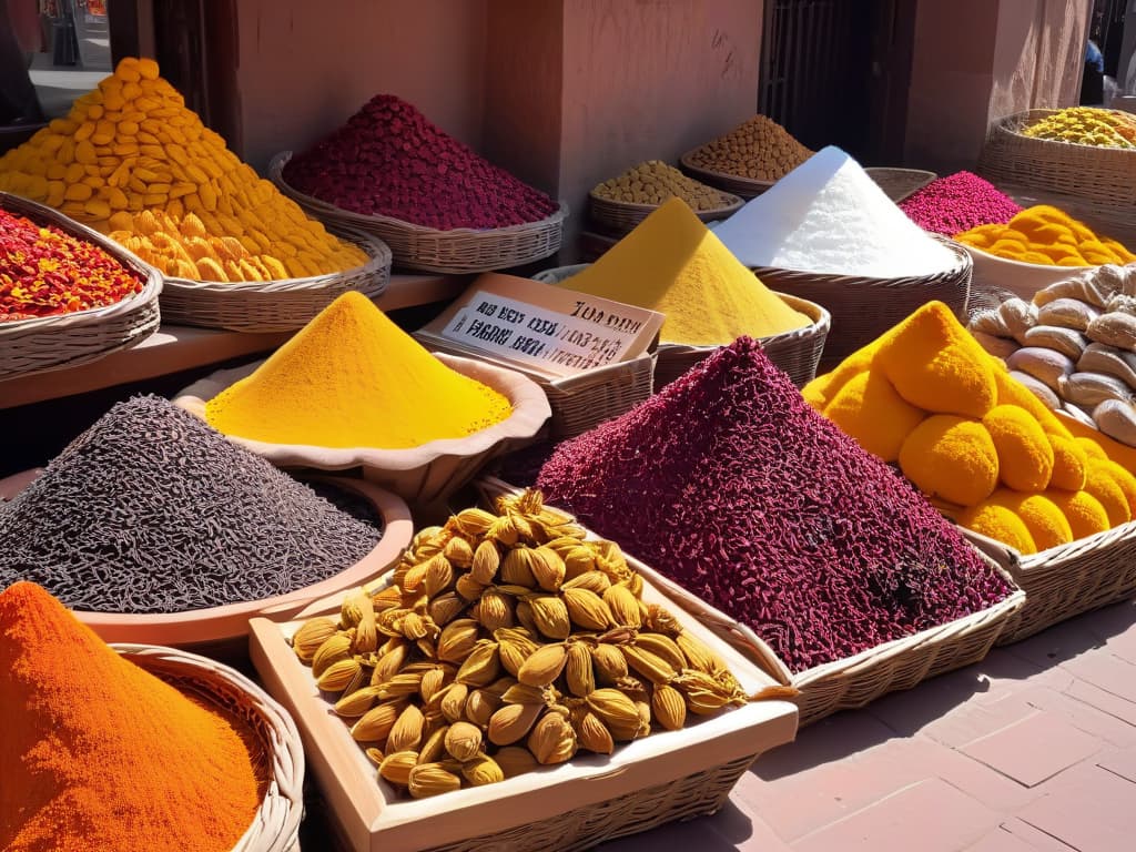  An ultradetailed image of a vibrant market in Marrakech, Morocco, showcasing a colorful array of exotic ingredients like saffron, cardamom pods, rose petals, and dried fruits neatly displayed in intricate baskets and ceramic bowls. The bustling scene captures the essence of the exotic culinary treasures found in this destination, inspiring readers to explore the secret ingredients of Moroccan pastrymaking. hyperrealistic, full body, detailed clothing, highly detailed, cinematic lighting, stunningly beautiful, intricate, sharp focus, f/1. 8, 85mm, (centered image composition), (professionally color graded), ((bright soft diffused light)), volumetric fog, trending on instagram, trending on tumblr, HDR 4K, 8K