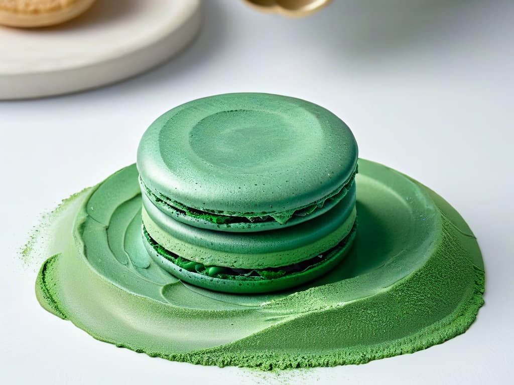  An ultradetailed image of a delicate, pastelcolored macaron with a smooth, glossy surface, elegantly dusted with vibrant green spirulina powder. The light catches the fine details of the textured shell, showcasing the intricate ripples and ridges. The spirulina dust forms a striking contrast against the pale pastel background, creating a visually stunning and appetizing aesthetic. hyperrealistic, full body, detailed clothing, highly detailed, cinematic lighting, stunningly beautiful, intricate, sharp focus, f/1. 8, 85mm, (centered image composition), (professionally color graded), ((bright soft diffused light)), volumetric fog, trending on instagram, trending on tumblr, HDR 4K, 8K