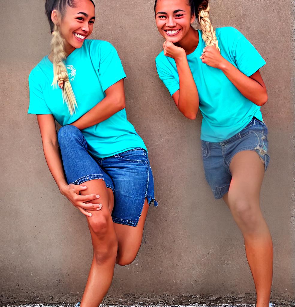  close up . a stunning awesome smile . tanned skin . with a well - worn turquoise T shirt. Caucasian bun ponytails . open . sneakers . dancing in a photoshoot