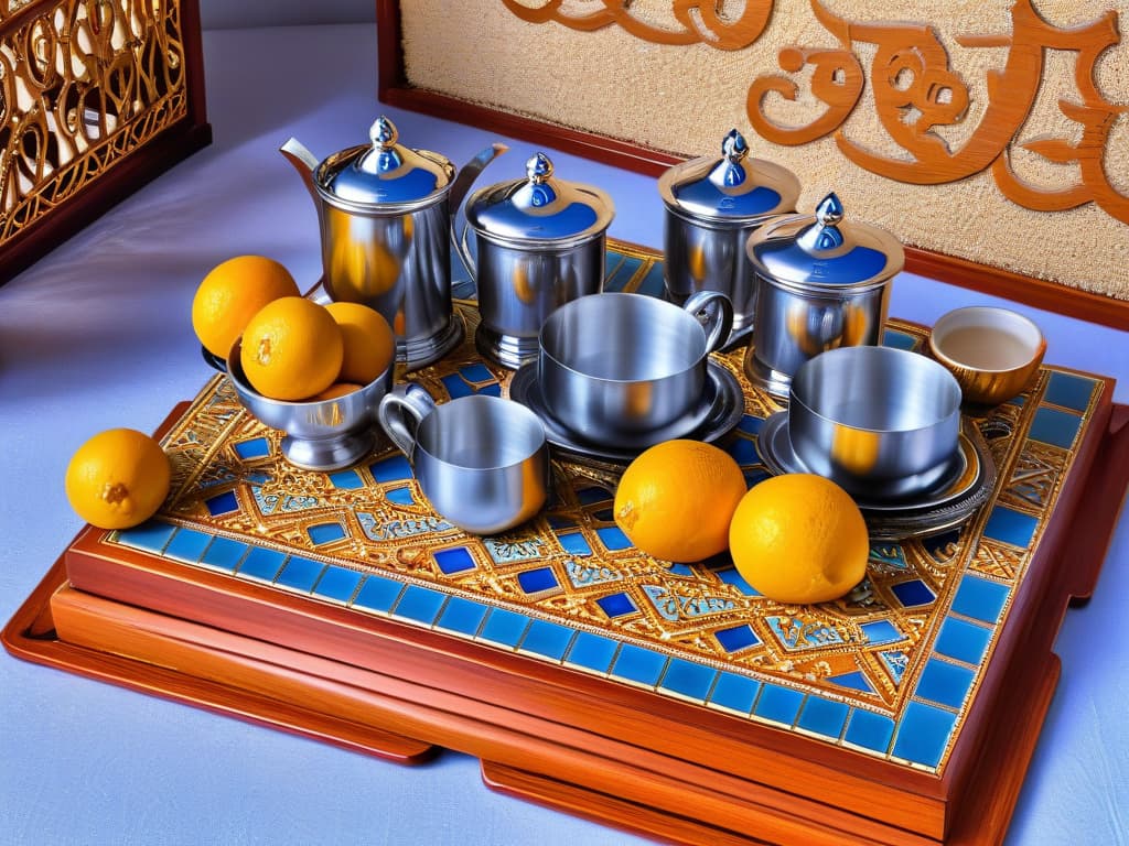  An intricately designed Moroccan tea set featuring delicate arabesque patterns and vibrant colors, set against a backdrop of a traditional Spanish tiled mosaic table. The tea set includes ornate teacups, a teapot, and a tray with intricate designs, all exuding a fusion of Arabic and Spanish influences. The image captures the essence of a contemporary reinterpretation of Arabinfluenced pastrymaking, blending the rich cultural heritage of both regions in a visually striking and minimalistic composition. hyperrealistic, full body, detailed clothing, highly detailed, cinematic lighting, stunningly beautiful, intricate, sharp focus, f/1. 8, 85mm, (centered image composition), (professionally color graded), ((bright soft diffused light)), volumetric fog, trending on instagram, trending on tumblr, HDR 4K, 8K